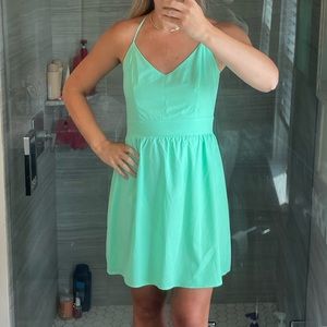 Teal dress, criss cross back